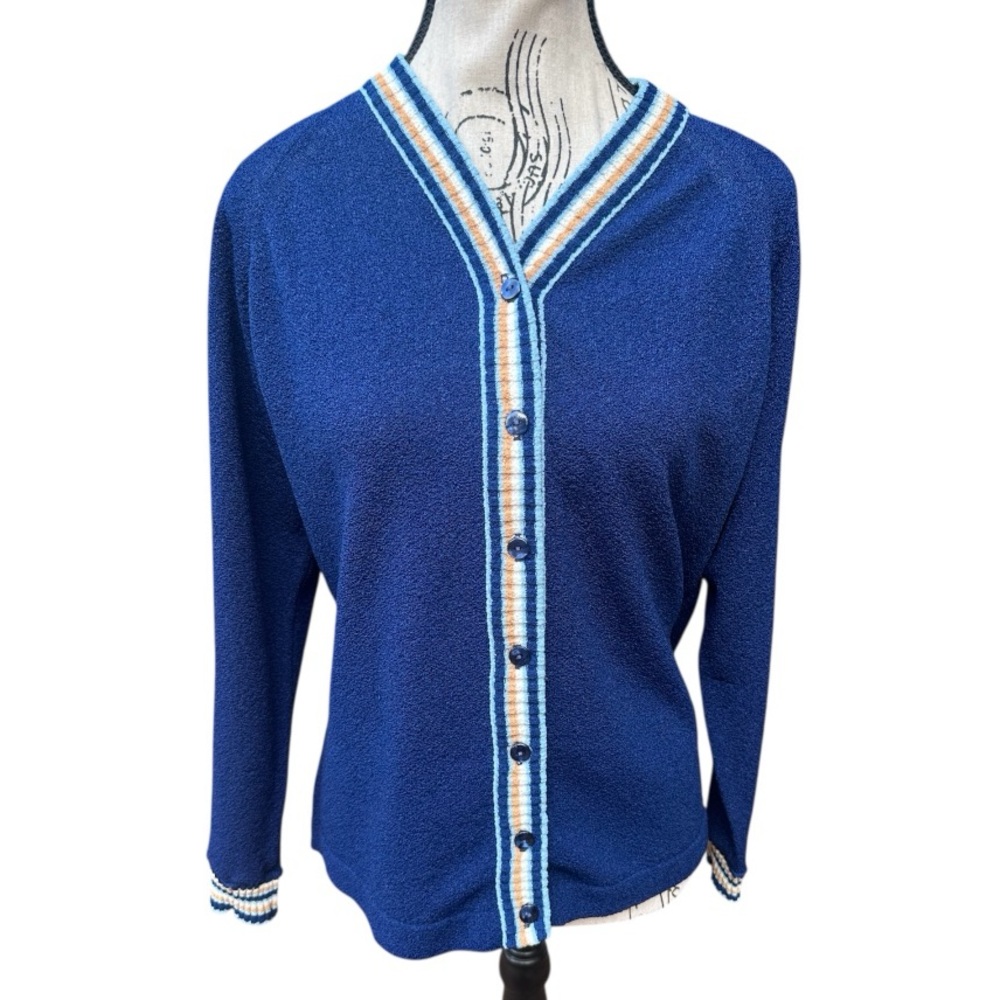 Vintage 1970s Talbott Travler Blue Textured Knit Cardigan Varsity Trim M Dacron